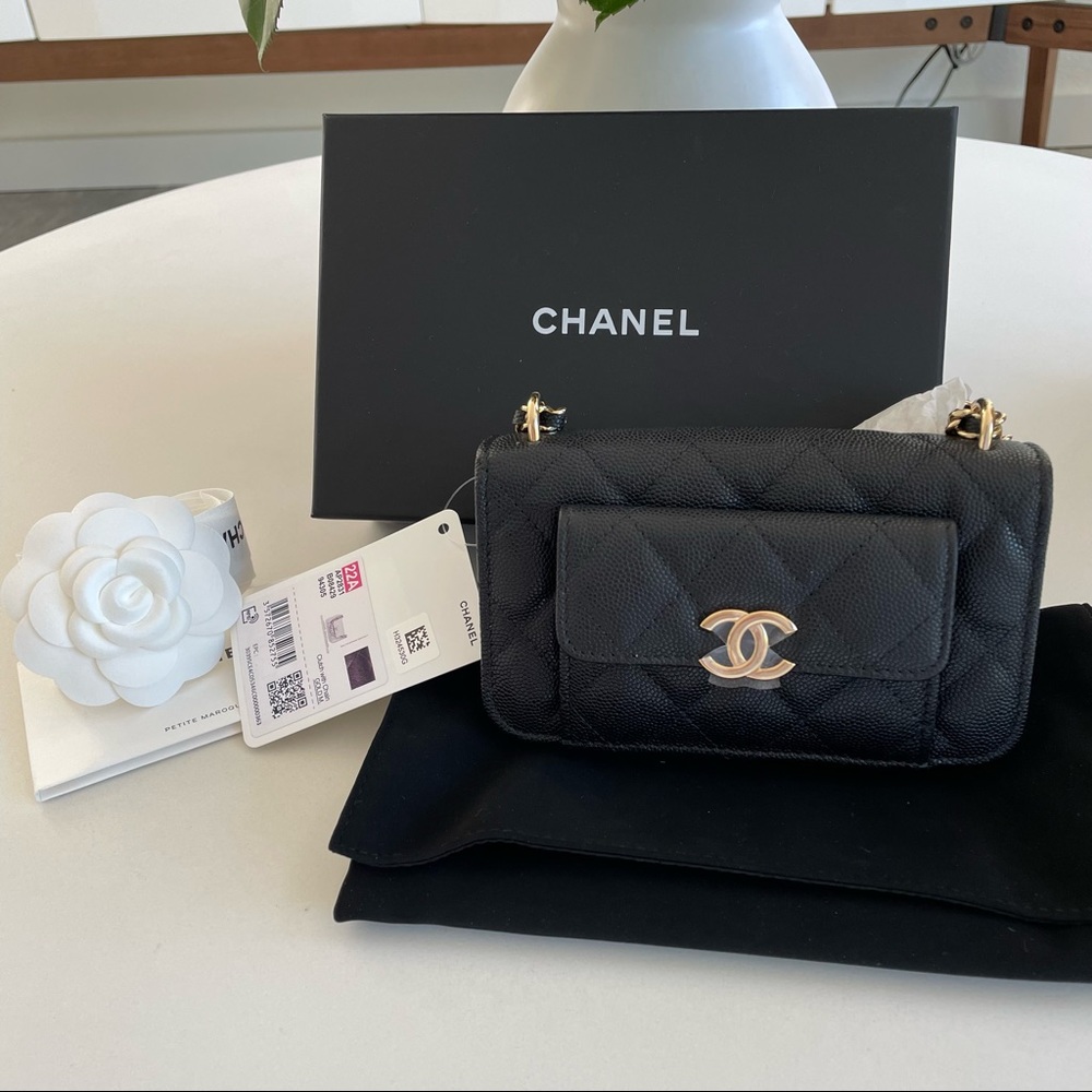 ❌.SOLD❌Chanel Pocket Twins Clutch Wallet On Chain Black Caviar Gold CC AP2831